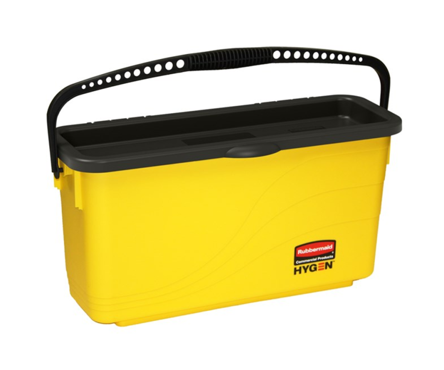 A yellow rectangular cleaning bucket with a black lid and a perforated black handle. HYGEN™ Yellow Microfiber Charging Bucket (23.8 in. x 9.5 in. x 13.6 in., 3/Case)